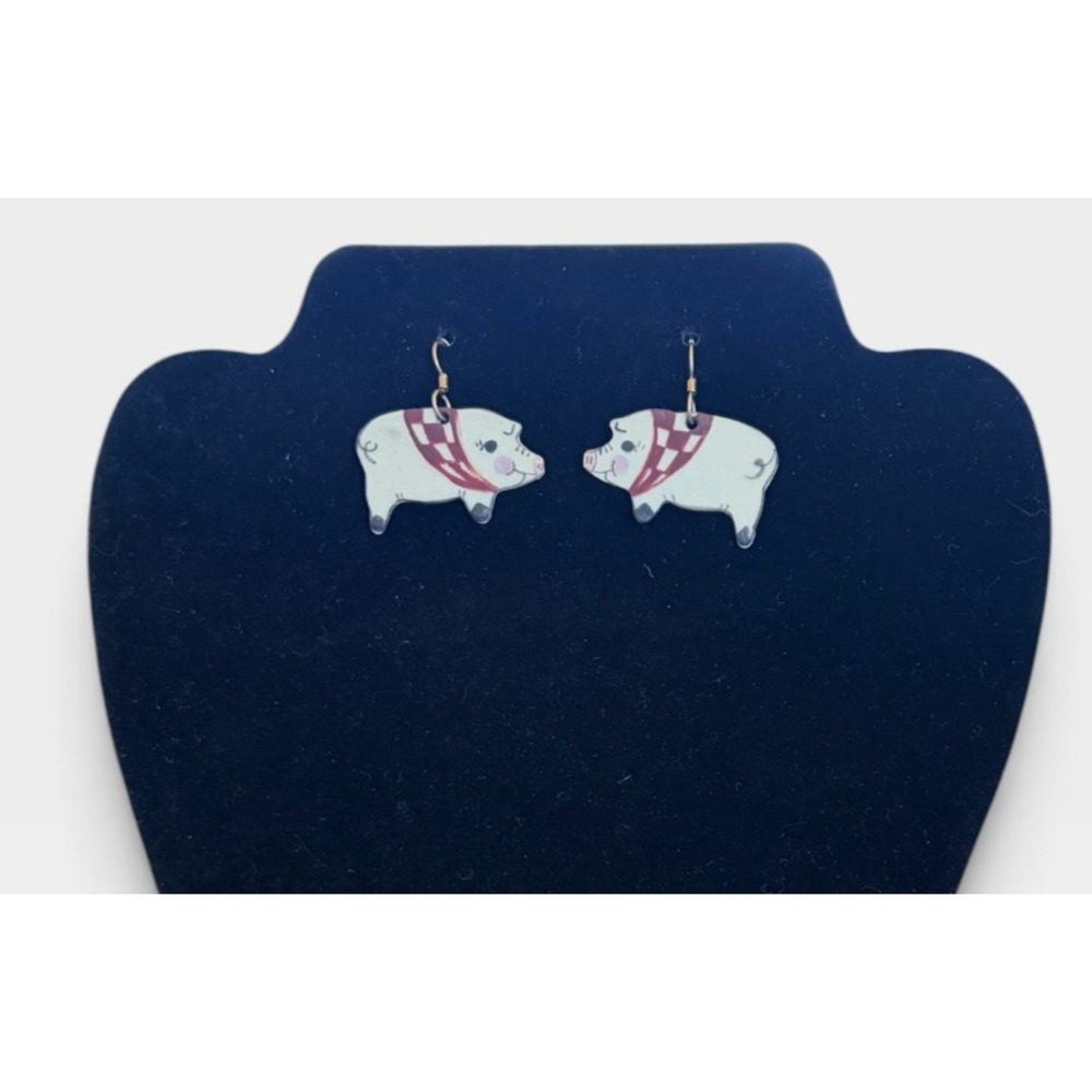 Vintage Ceramic Pig Earrings Signed R THW Hand Painted Checkered Scarf Dangle